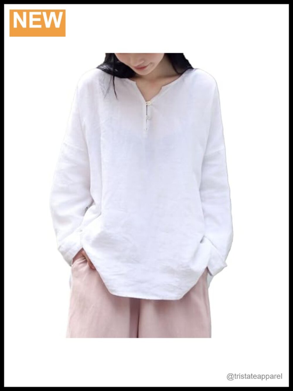 Linen Long Sleeve Button Up Shirt for Women - Loose Fit Casual V-Neck Top